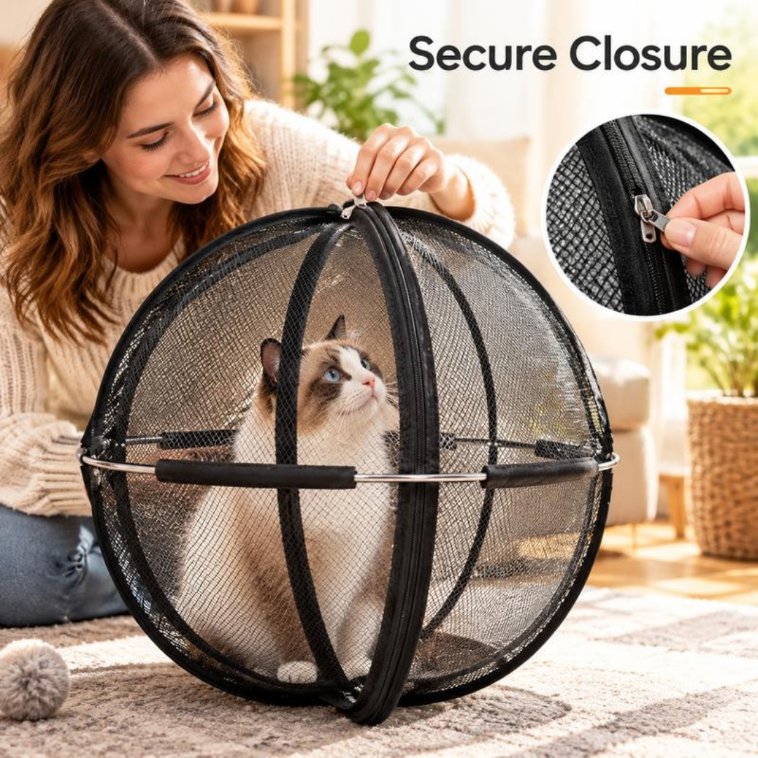 Cat sniffing the open enclosure on a living-room rug while its owner waits nearby