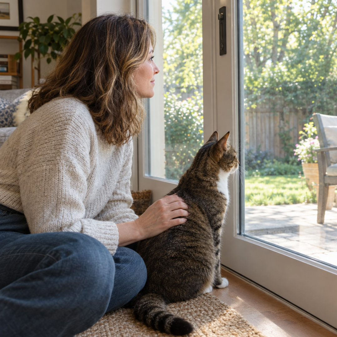 Cat sitting by a glass patio door with its owner beside it
