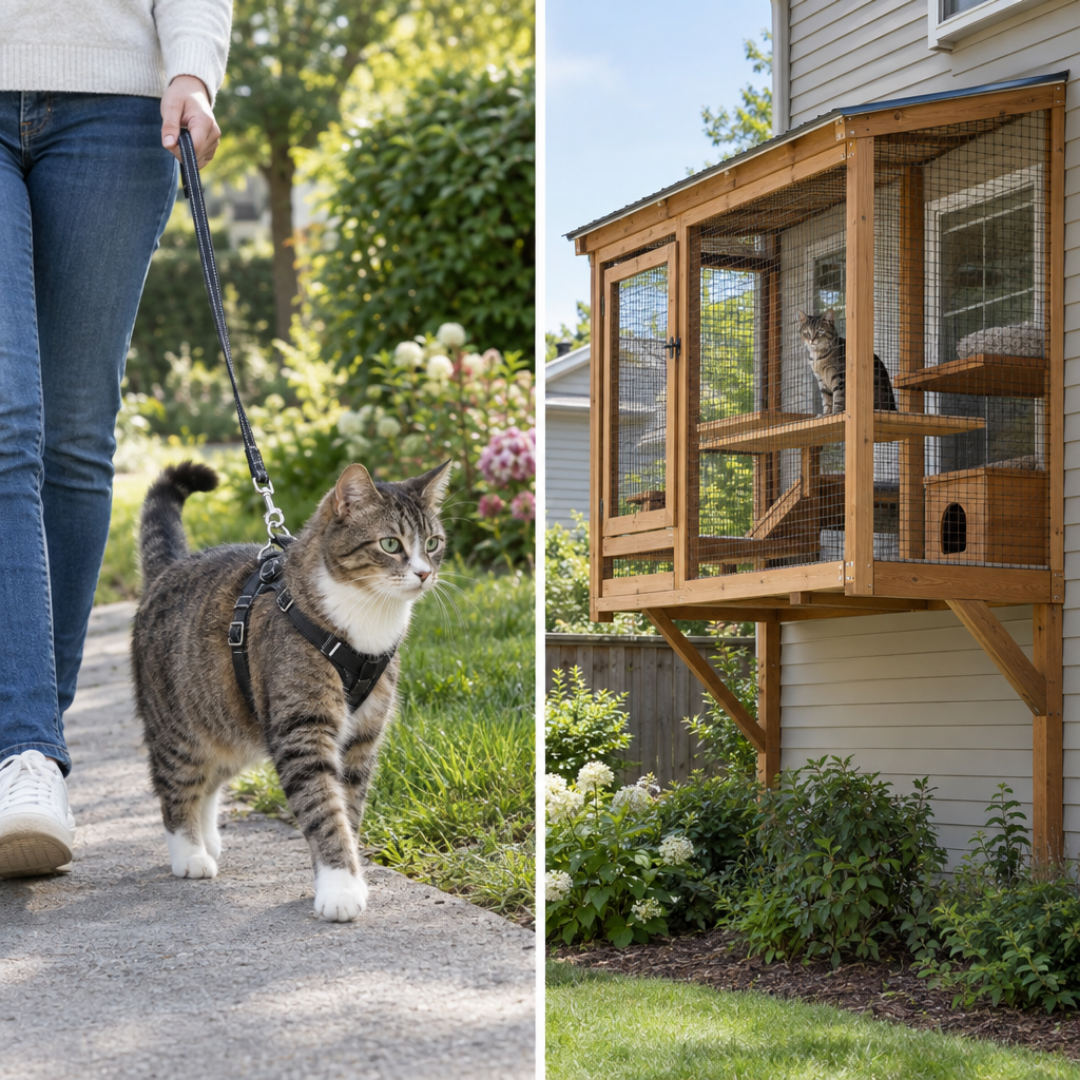 Left: a cat on a harness and leash. Right: a permanent catio attached to a house