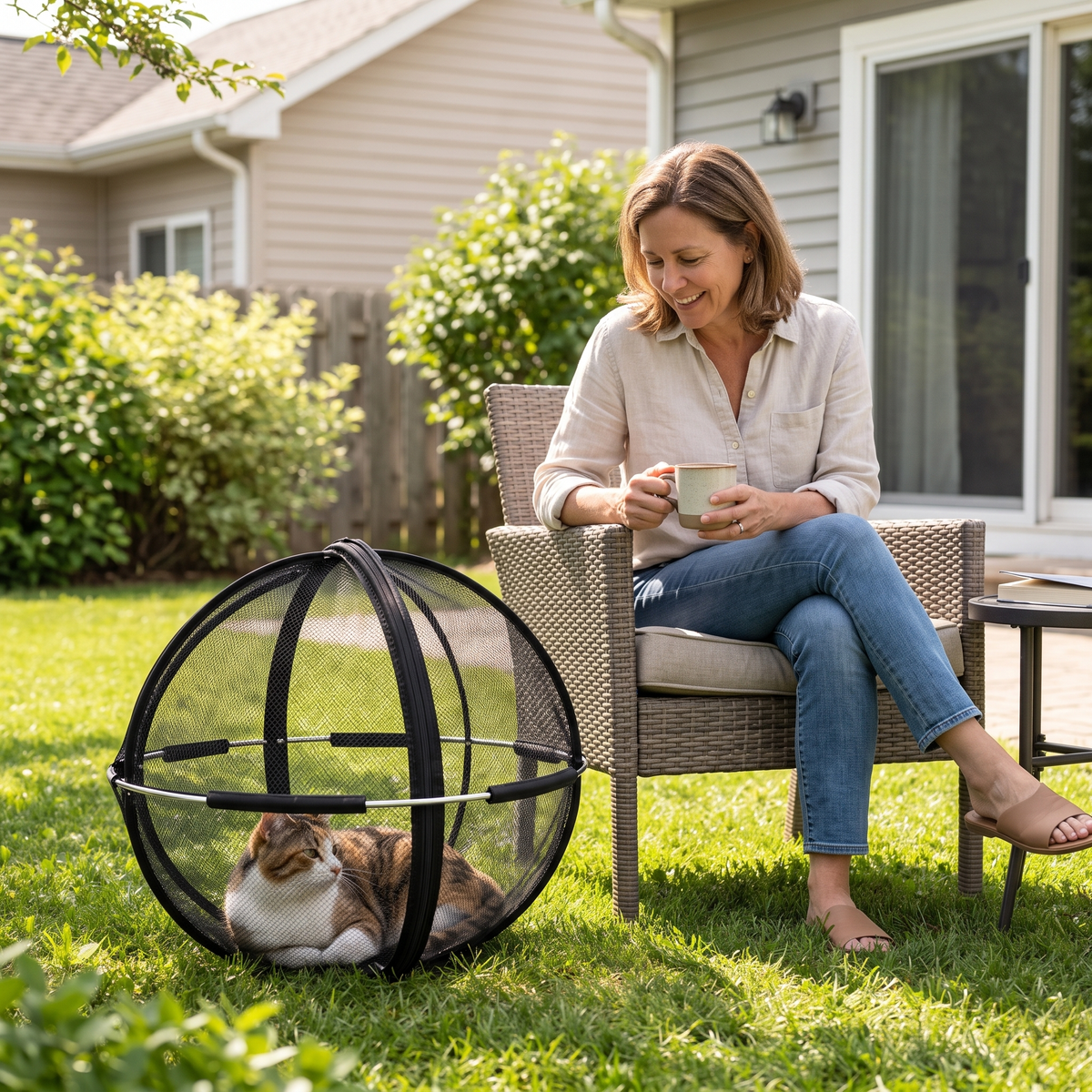 Cat sitting outdoors in the enclosure with its owner right beside it
