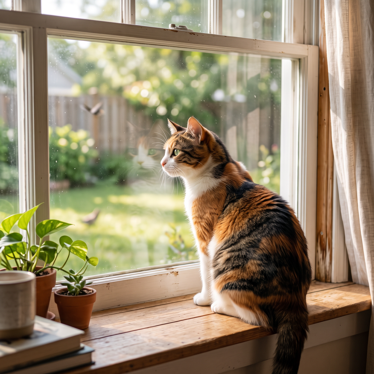 Indoor cat on a windowsill watching the backyard through the glass